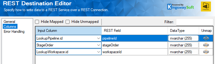 PBDestination Assign workspace - Columns mapping
